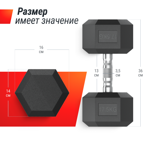 Гантель гексагональная UNIX Fit обрезиненная 17,5 кг / шт.