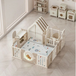 Манеж UNIX Kids DeLuxe House&Storage Camel, 150 x 180 см, с игровым домиком, баскетбольной стойкой, доской для рисования, качелями + место для хранения игрушек