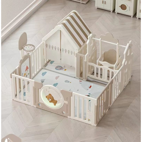 Манеж UNIX Kids DeLuxe House Camel, 150 x 180 см, с баскетбольной стойкой, доской для рисования, качелями