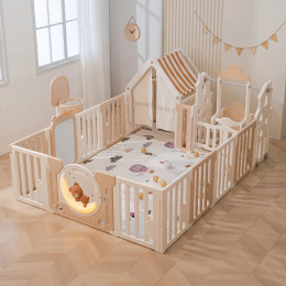 Манеж UNIX Kids DeLuxe House Camel, 180 x 200 см, с баскетбольной стойкой, доской для рисования, ковриком для игр