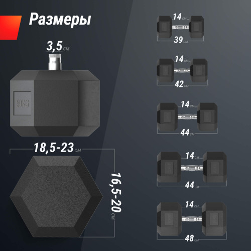 Ряд гантелей гексагональных UNIX Fit обрезиненные от 27,5 до 50 кг