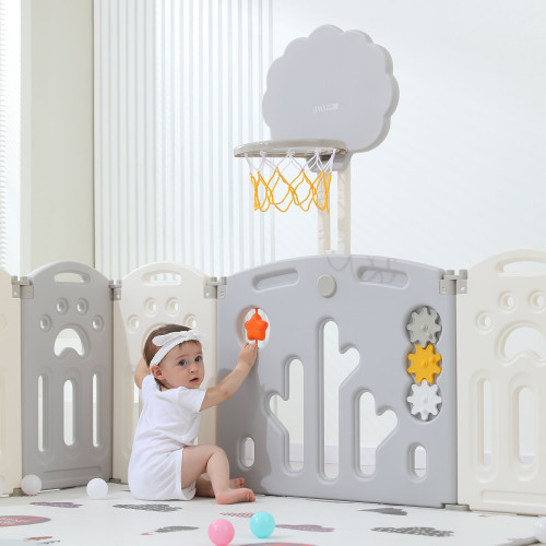 Манеж UNIX Kids Deluxe / Делюкс серый180 x 200 см, с баскетбольным кольцом и ковриком