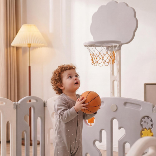 Манеж UNIX Kids DeLuxe V2 / Делюкс серый 180 x 200 см, с баскетбольным кольцом и ковриком