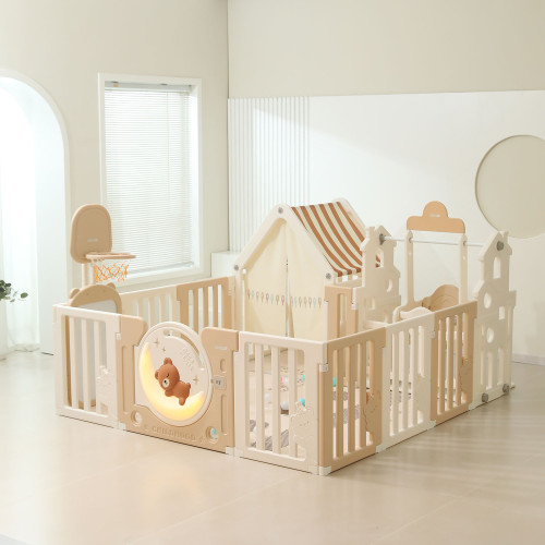 Манеж UNIX Kids DeLuxe House / Делюкс Дом бежевый, 150 x 180 см, с баскетбольной стойкой, доской для рисования, качелями