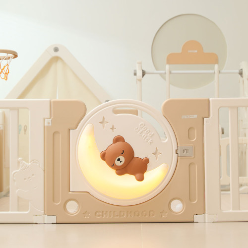 Манеж UNIX Kids DeLuxe House&Storage / Делюкс дом и стеллаж бежевый, 150 x 180 см, с игровым домиком, баскетбольной стойкой, доской для рисования, качелями + место для хранения игрушек