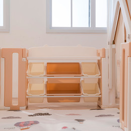 Манеж UNIX Kids DeLuxe House&Storage / Делюкс дом и стеллаж бежевый, 150 x 180 см, с игровым домиком, баскетбольной стойкой, доской для рисования, качелями + место для хранения игрушек