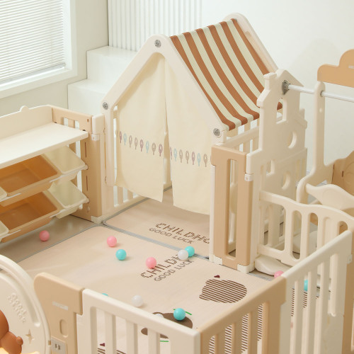 Манеж UNIX Kids DeLuxe House&Storage / Делюкс дом и стеллаж бежевый, 150 x 180 см, с игровым домиком, баскетбольной стойкой, доской для рисования, качелями + место для хранения игрушек