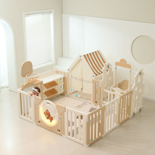 Манеж UNIX Kids DeLuxe House&Storage / Делюкс дом и стеллаж бежевый, 150 x 180 см, с игровым домиком, баскетбольной стойкой, доской для рисования, качелями + место для хранения игрушек