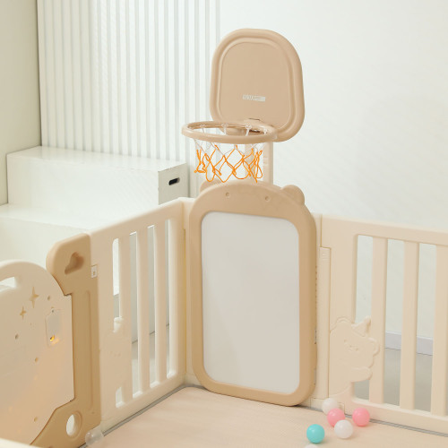Манеж UNIX Kids DeLuxe House&Storage / Делюкс дом и стеллаж бежевый, 150 x 180 см, с игровым домиком, баскетбольной стойкой, доской для рисования, качелями + место для хранения игрушек