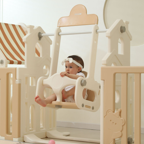 Манеж UNIX Kids DeLuxe House&Storage / Делюкс дом и стеллаж бежевый, 150 x 180 см, с игровым домиком, баскетбольной стойкой, доской для рисования, качелями + место для хранения игрушек