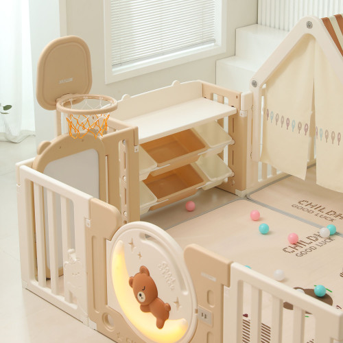 Манеж UNIX Kids DeLuxe House&Storage / Делюкс дом и стеллаж бежевый, 150 x 180 см, с игровым домиком, баскетбольной стойкой, доской для рисования, качелями + место для хранения игрушек