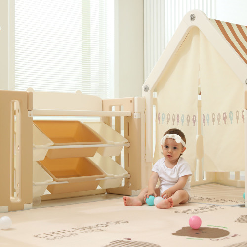 Манеж UNIX Kids DeLuxe House&Storage / Делюкс дом и стеллаж бежевый 180 x 200 см, с игровым домиком, баскетбольной стойкой, доской для рисования, качелями + место для хранения игрушек