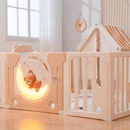 Манеж UNIX Kids DeLuxe House&Storage / Делюкс дом и стеллаж бежевый 180 x 200 см, с игровым домиком, баскетбольной стойкой, доской для рисования, качелями + место для хранения игрушек