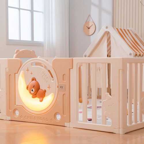 Манеж UNIX Kids DeLuxe House&Storage / Делюкс дом и стеллаж бежевый 180 x 200 см, с игровым домиком, баскетбольной стойкой, доской для рисования, качелями + место для хранения игрушек