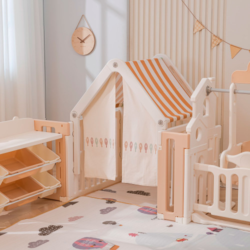 Манеж UNIX Kids DeLuxe House&Storage / Делюкс дом и стеллаж бежевый 180 x 200 см, с игровым домиком, баскетбольной стойкой, доской для рисования, качелями + место для хранения игрушек