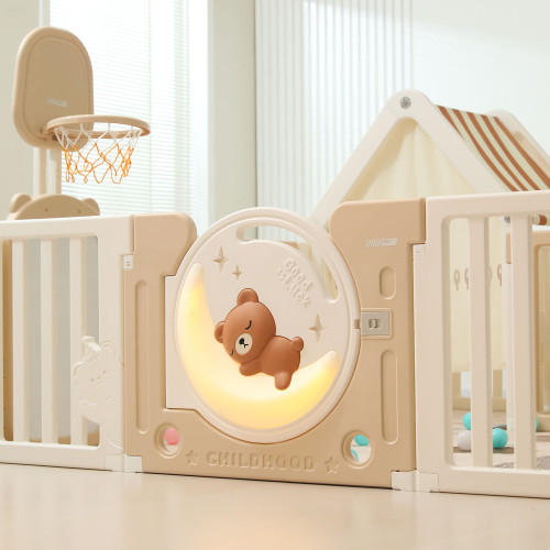 Манеж UNIX Kids DeLuxe House&Storage / Делюкс дом и стеллаж бежевый 180 x 200 см, с игровым домиком, баскетбольной стойкой, доской для рисования, качелями + место для хранения игрушек