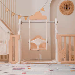 Манеж UNIX Kids DeLuxe House&Storage / Делюкс дом и стеллаж бежевый 180 x 200 см, с игровым домиком, баскетбольной стойкой, доской для рисования, качелями + место для хранения игрушек