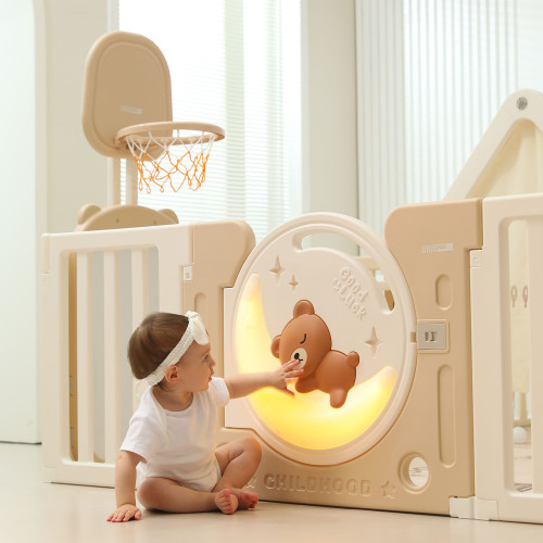 Манеж UNIX Kids DeLuxe House&Storage / Делюкс дом и стеллаж бежевый 180 x 200 см, с игровым домиком, баскетбольной стойкой, доской для рисования, качелями + место для хранения игрушек